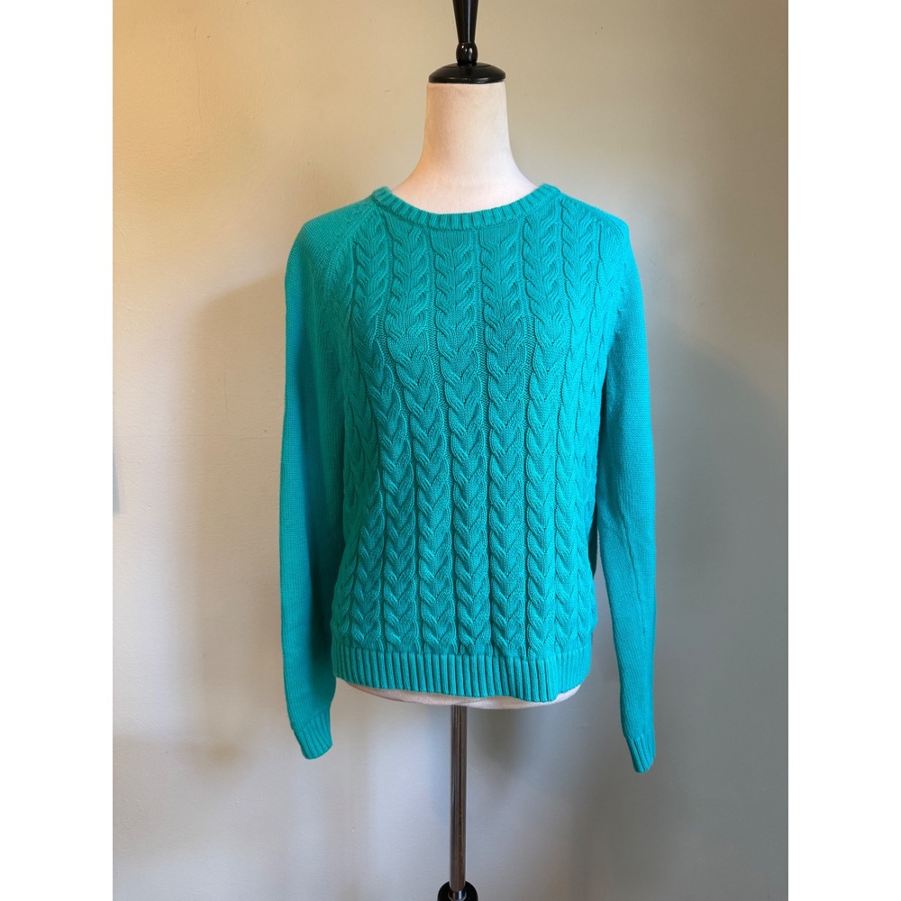 Lands End Drifter Cable Knit Sweater Large L 14-16 Teal costal Cotton preppyboho